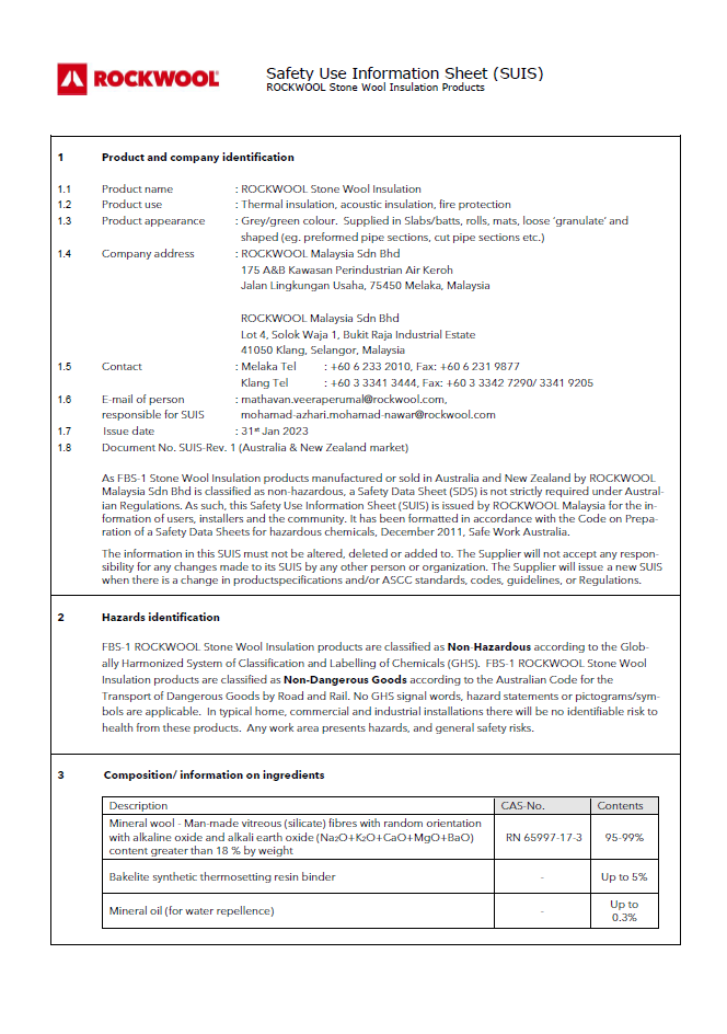 ROCKWOOL Safety Use Information Sheet